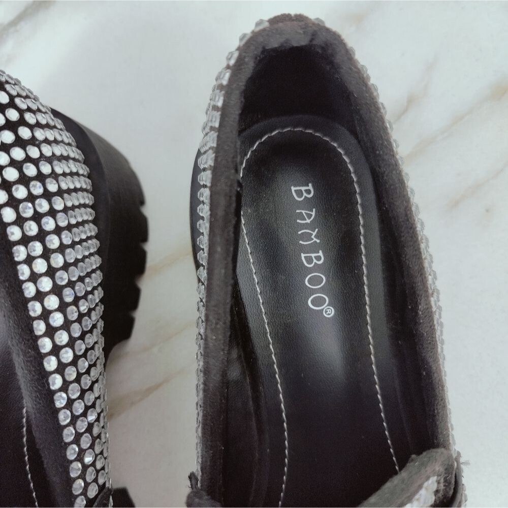 Bamboo Miranda Black Rhinestone Platform Lug Sole Chunky Loafers, 7.5 - Picture 5 of 11